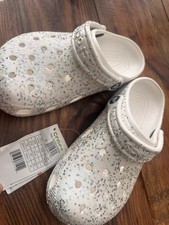 Crocs Classic Monsoon Glitter Star Kids Clog White Silver US 2 Synthetic