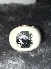 vintage KJL Kenneth Jay Lane OFF white ENAMEL yellow GOLD HUGE rhinestone RING 7