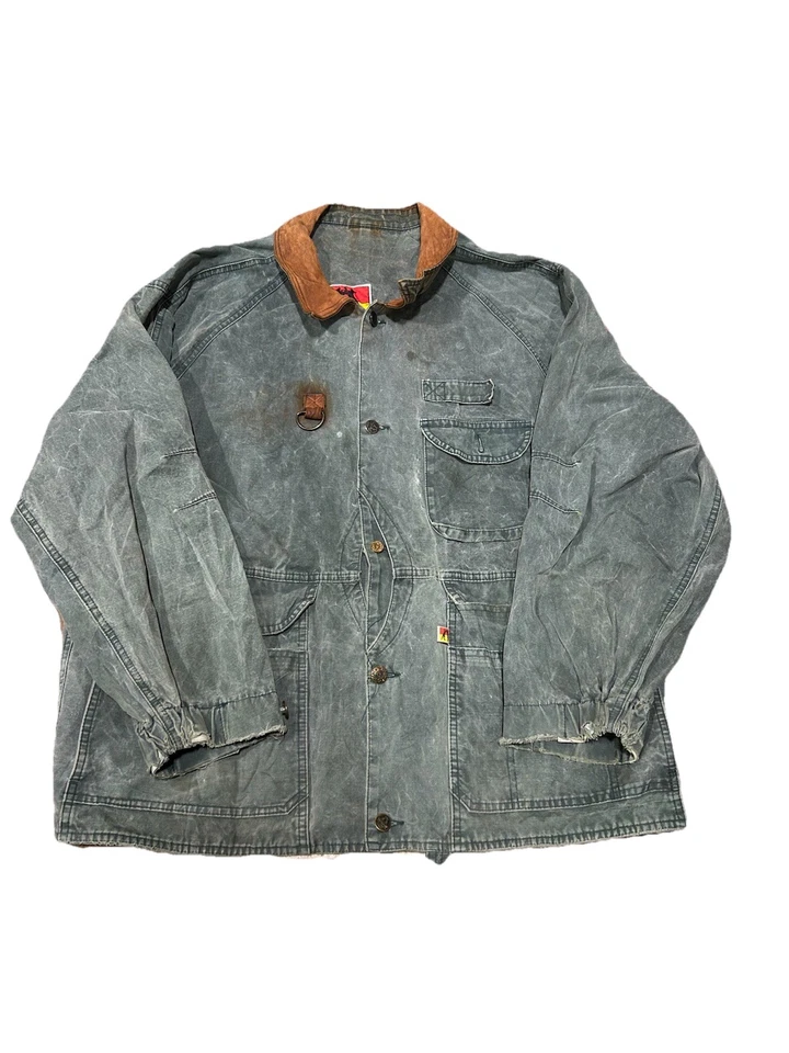 Chaqueta de gran tamaño de lona al óleo Kakadu Traders Australia con ribete de cuero XL verde azulado