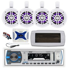 Pyle Marine Radio,Cover, Antenna,Amp,Kit, 4x 4" 300W Bluetooth LED White Speaker
