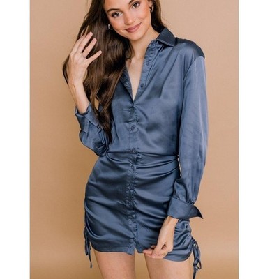 Mable Dress Medium Gray Blue Satin Mini Long Sleeve Button Down Ruched Bodycon