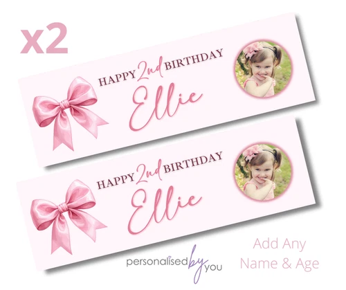 2x Personalised PINK BOW PHOTO Happy Birthday Banner LARGE Poster ANY TEXT