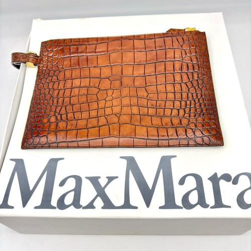 Max Mara Clutch Bag Large Flat Wristlet Cognac Brown Croc Embossed Leather 13in