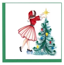 Quilling Card Quilled Girl Lady Decorating Tree Christmas Holiday Greeting Card