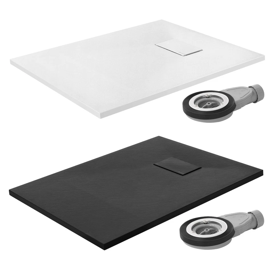 LUXEBATH SMC Duschwanne rutschfest Schieferoptik Duschtasse mit Ablauf Schwarz / Weiß