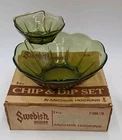 VINTAGE ANCHOR HOCKING SWEDISH MODERN 3PC AVOCADO GREEN GLASS CHIP AND DIP SET