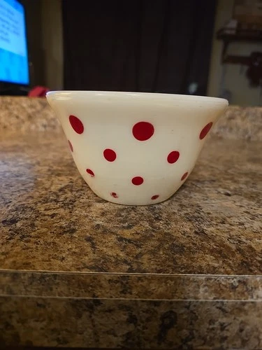 McKee Jadeite Red Polka Dot 6”  Uranium Milk Glass Small Mixing Bowl. Some Red..