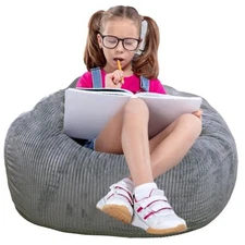 Classic Bean Bag Chair, with Faux Rabbit Fur Cover for Teens and Medium Grey