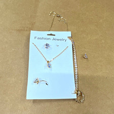 Gold Tone Clear Round Crystal Jewelry Set Necklace Bracelet Ring Earrings