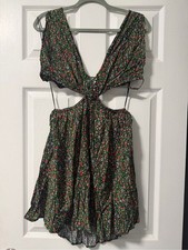 Olivaceous Floral Cutout Mini Dress Boho Tie Front Open Waist Size Large NWT