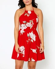 Charlotte Russe Red Floral Halter Fit & Flare Sundress Mini Small