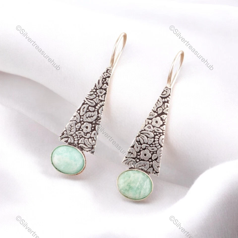 Brincos de aniversário artesanal da moda pendurados boho pedra preciosa amazonita prata esterlina - Imagem 3 de 4