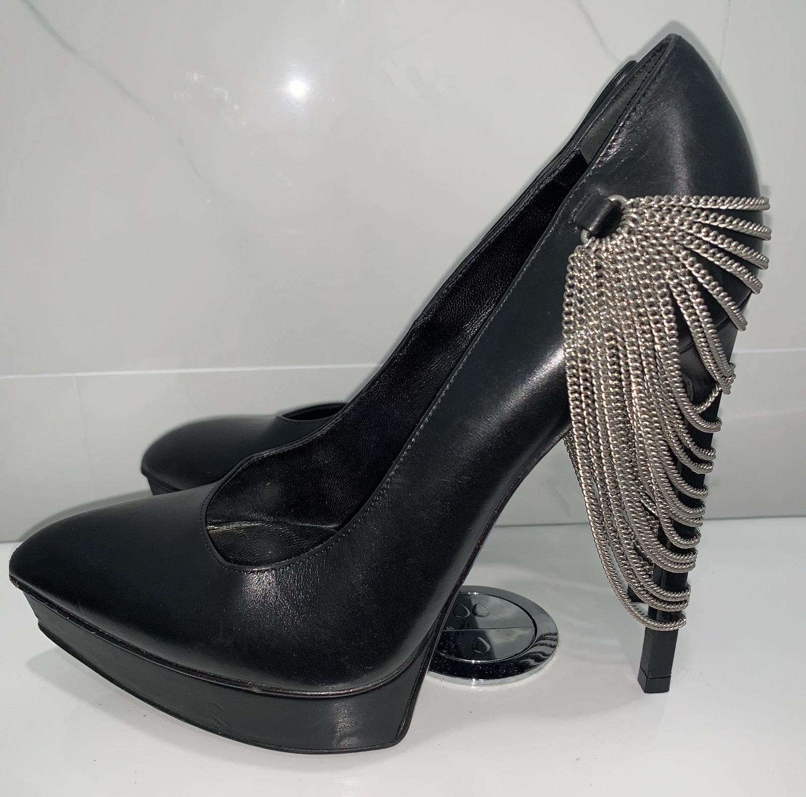 Scarpe decolte YSL Yves Saint Laurent Janis Chains nere in pelle con tacco plateau 37 7