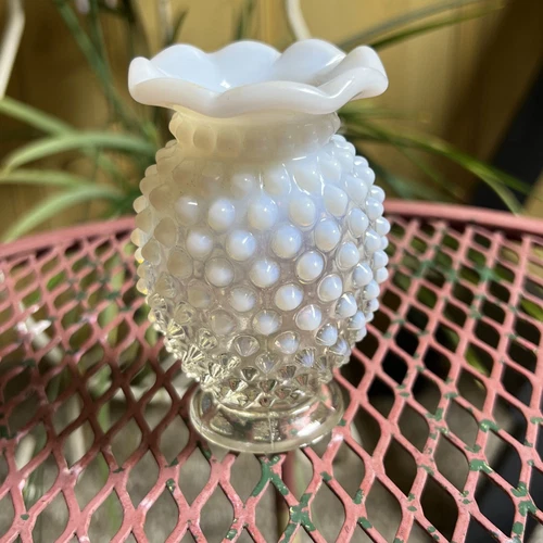 Vintage Fenton White Opalescent Hobnail Mini Ruffled Edge Vase