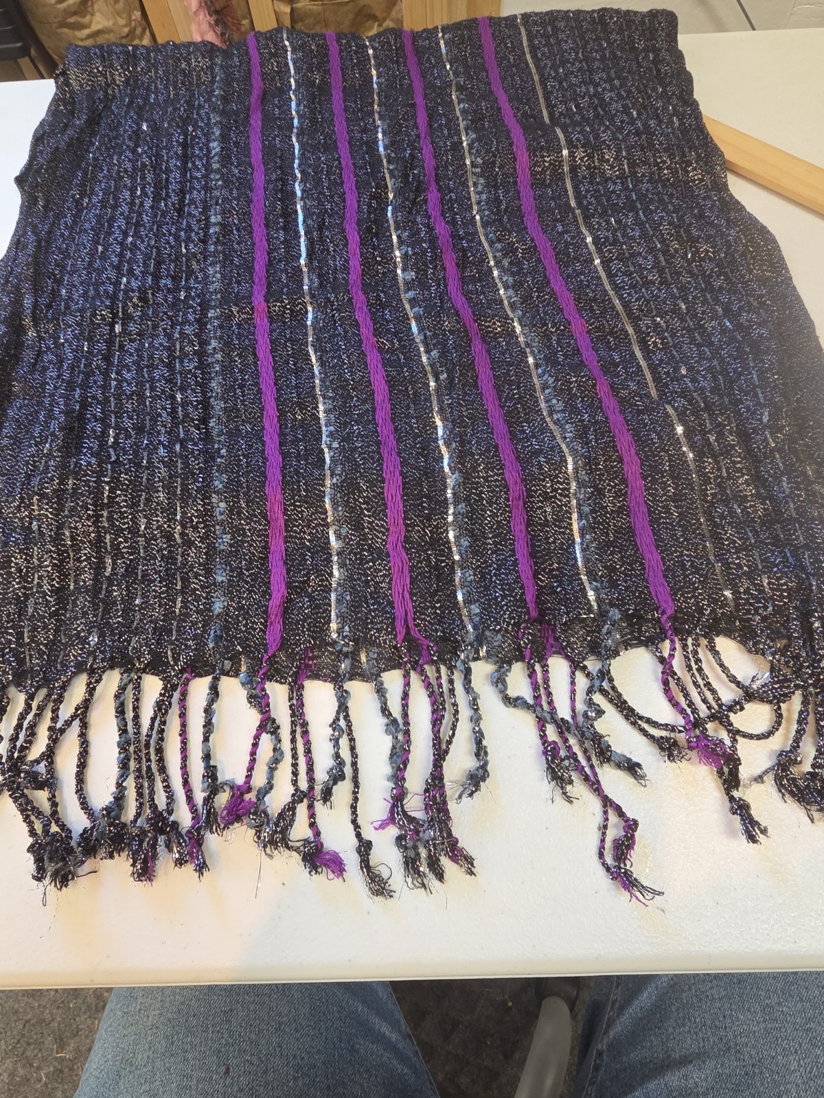 Charming Charlie Metallic Woven Scarf Black Silver Purple Stripe Fringe Wrap...