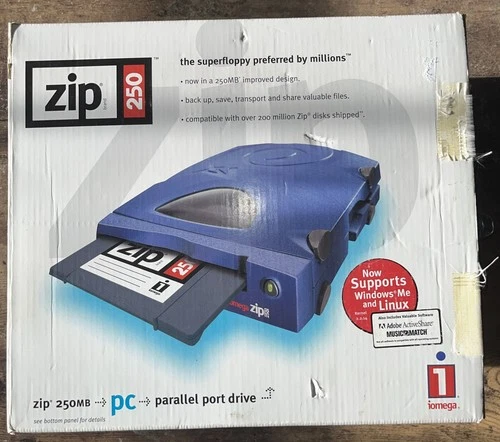 Iomega Zip 250 Superfloppy Drive Parallel Port In Box Cords And CDs