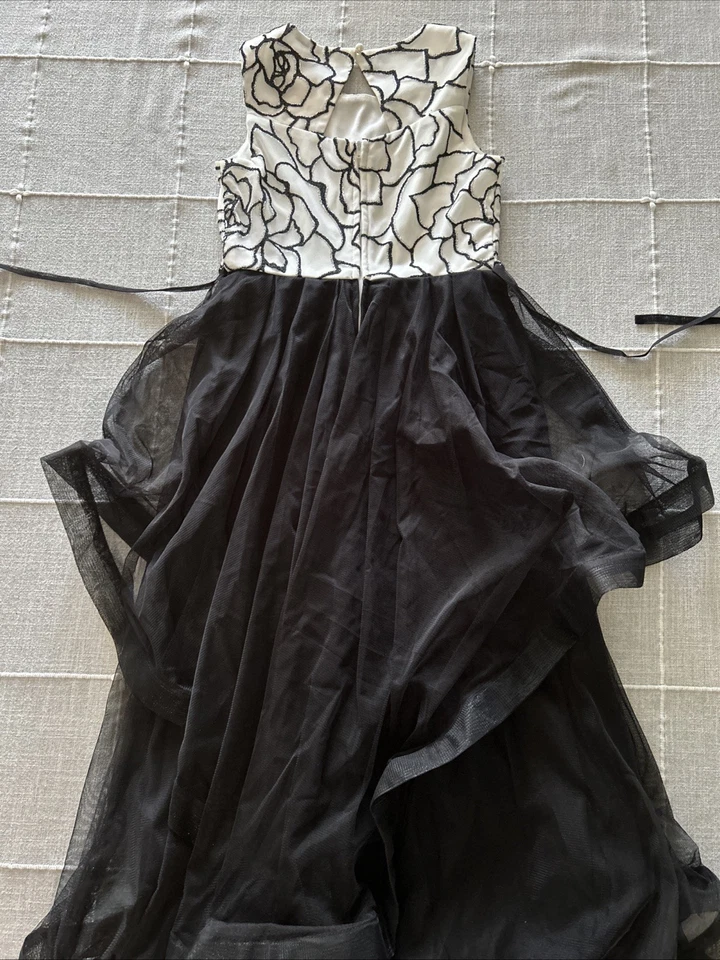 Kids Black and White Floral Dress with Sheer Overlay with Seed Bead Accents - Image 4 of 4