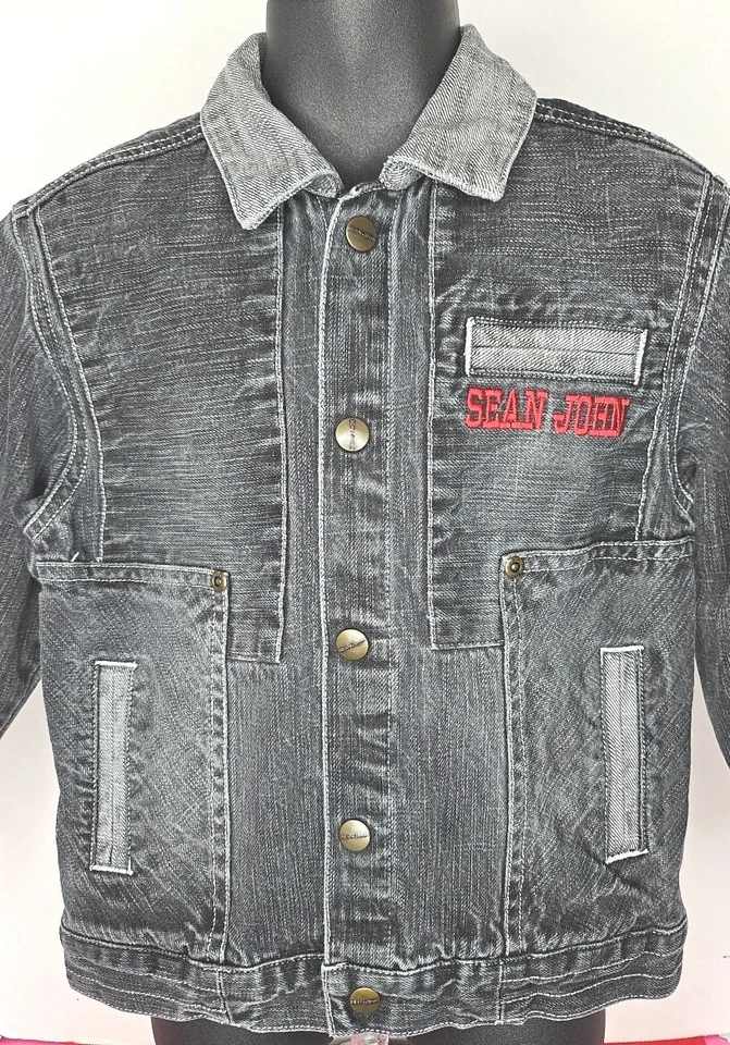 Chaqueta de mezclilla negra vintage Sean John para niño con bordado rojo talla 4T Hip Hop Foto 3 de 4