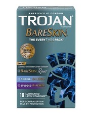 Trojan Bareskin Raw, Original, Studded Lubricated Latex Male Condoms - 10 Pack