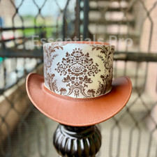 Brown Leather Top Hat with Damask Crown - Handmade Steampunk Fashion Hat For Her