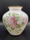 DeLuxe Inc USA Vintage Milk Glass Hand Painted Signed Vase Gold w Flowers