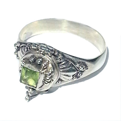 Sterling Silver Bali Emerald Cut Simulated Peridot Poison Ring  Balinese Jewelry