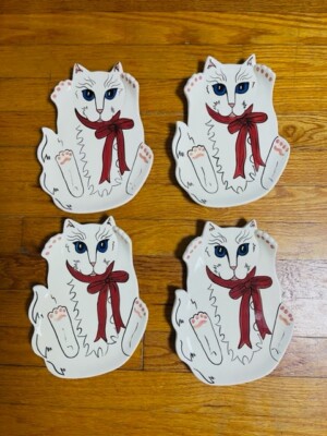4 Vtg. 90s Cats By Nina Handpainted Plate Dish White Persian Red Bow Blue Eyes