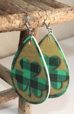 Shamrock St Patrick's Day Faux Leather Teardrop Dangle Earrings New