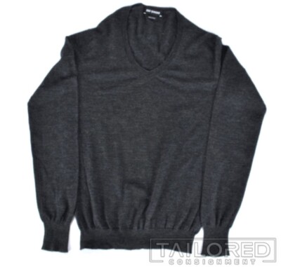 RAF  SIMONS Solid Gray 100% WOOL Mens V-Neck Luxury Sweater - EU 48 / SMALL
