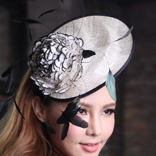 EXQUISITE HANDMADE BLACK  WHITE SINAMAY FASCINATOR WITH LARGE FEATHER FLOWER