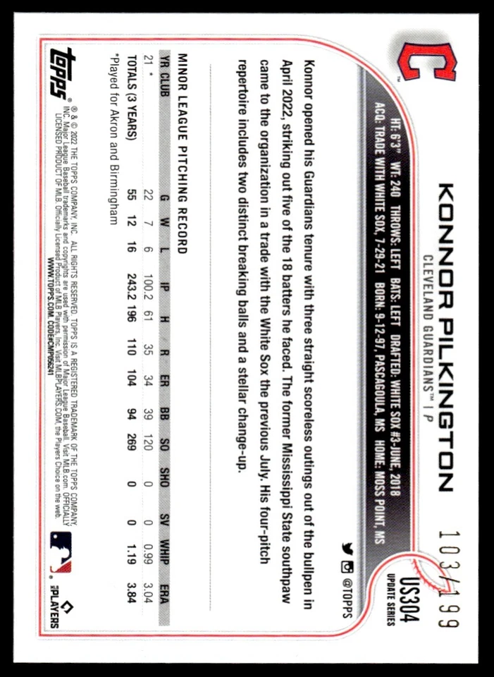 2022 TOPPS RED FOIL /199 Konnor Pilkington Cleveland Guardians #US304 - Image 2 of 2
