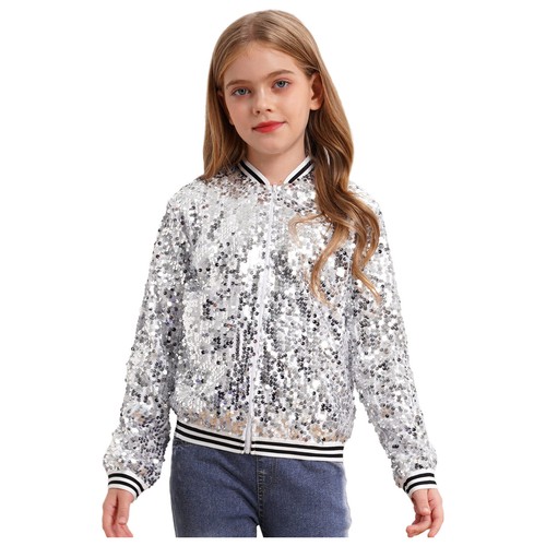 Girls Sequin Bomber Jacket Sparkle Lightweight Zipper Long Sleeve Disco Coat - Picture 27 of 107