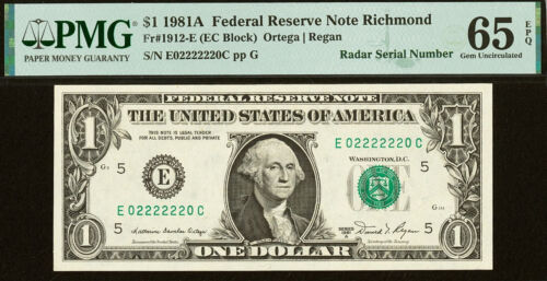 1981A $1 Federal Reserve Note PMG 65EPQ rare fancy radar serial number 02222220 - Picture 2 of 3