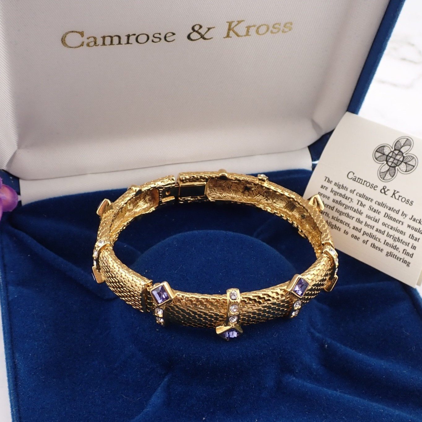 Vintage JBK Camrose & Kross Purple Crystal Gold Tone Mesh 7 3/4" Bangle Bracelet