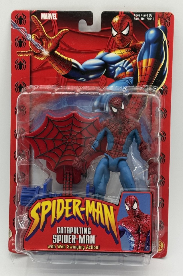 A factory-sealed 2002 Toy Biz Spider-Man with a catapult action feature — nostalgia in a box for the guy who grew up in the early 2000s.