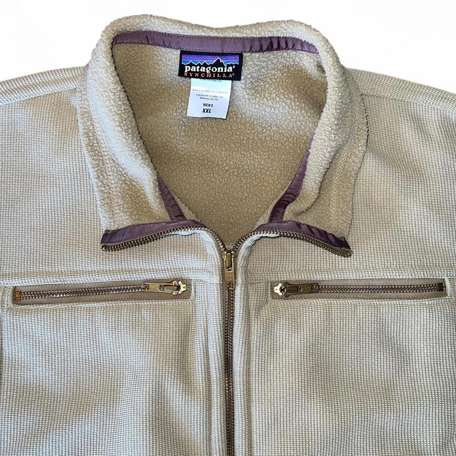 2005 vintage Patagonia Synchilla Tan Full Gold Zip Up Pockets Y2K XXL RARE Soft image 4