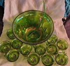 Vintage Indiana Glass Green Carnival Glass Grape Punch Bowl Set w/ Ladle & 12...