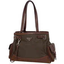 PRADA Plate Tote Bag Shoulder Bag Nylon Brown 32cm #BS2548