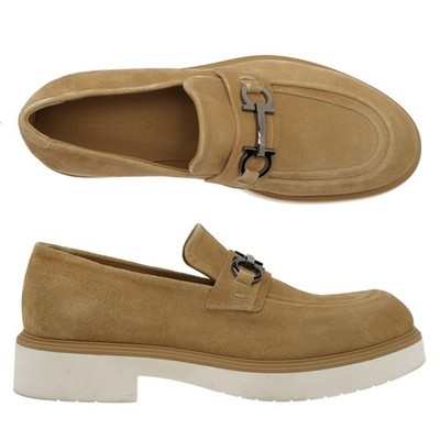 Salvatore Ferragamo Fiorello Gancini Loafers Beige Suede Leather