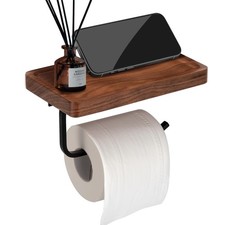 Toilet Paper Holder Walnut Wood Shelf - Wall Mount  Self-Adhesive