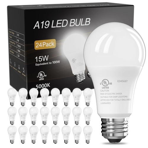 4/6/12/24-pack A19 LED Bulbs 15W equivalent 100W replacement Daylight 5000K E26