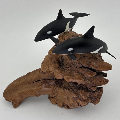 John Perry Orca Whales Burlwood Sculpture Figurine Statue 6”x5”Nautical #1702