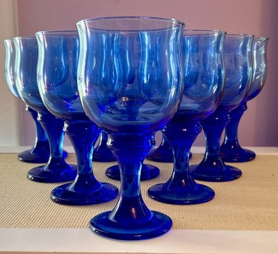 Vintage Set of TEN Libby Cobalt Blue Water Wine Goblet Glasses