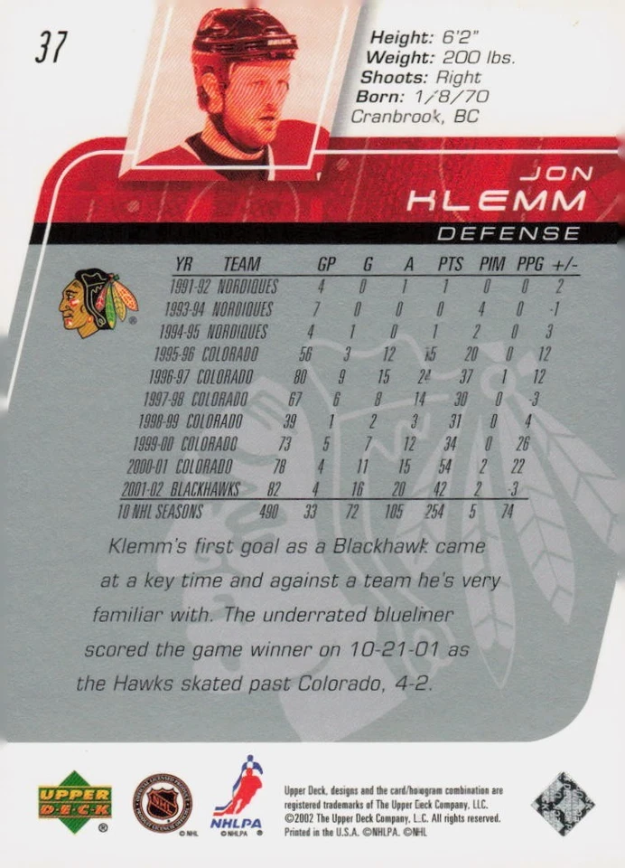 2002 Upper Deck Hockey Card #37 Jon Klemm Defenseman Chicago Blackhawks - Image 2 of 2