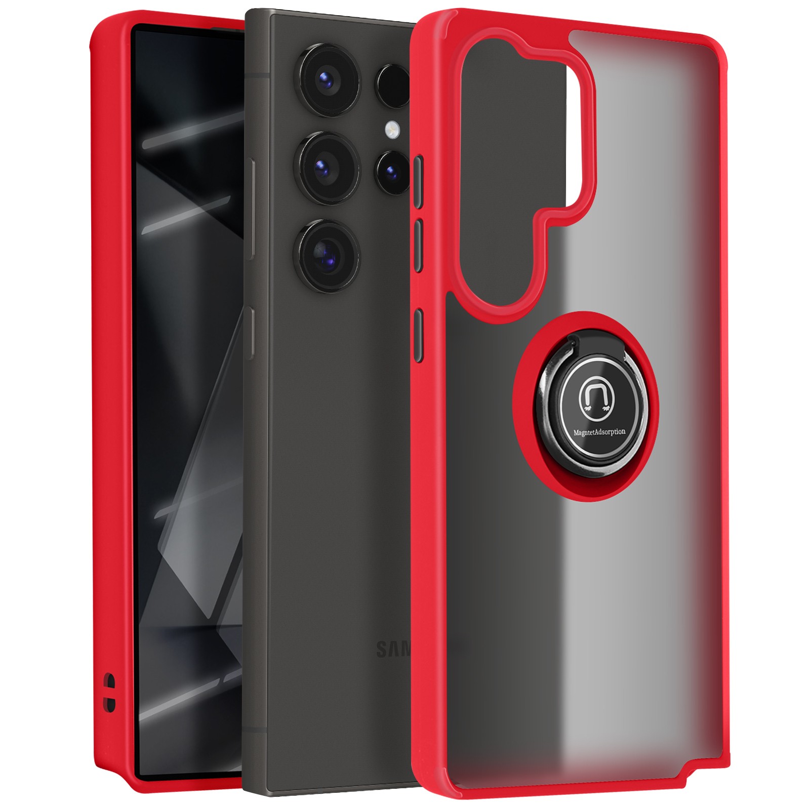 Coque Galaxy S25 Ultra Avizar avec anneau métallique de support intégré coloris rouge