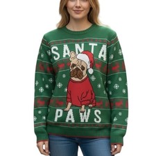 Holiday Time Green  Red Santa Paws Sweater Christmas Pug Reindeer Size Medium
