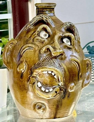 Signed Terry King, Seagrove NC “Roland” 12.5” Face Jug, Alkaline Drip Glaze - Image 1 of 4