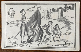 1953 GIRL GUIDES CORONATION CAMP ALNWICK POSTCARD Artist DICKINSON POSTED GUIDE