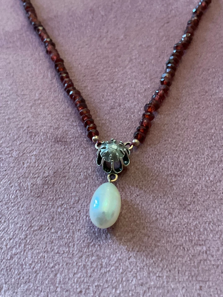 ANCIEN COLLIER OR 9 CARATS ARGENT MASSIF DIAMANT PERLE ROSE GRENATS AVEC BOITE - Photo 4/4