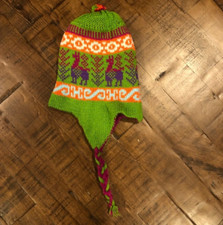 Unisex Pink  Green Multicolor Reversible Adult  Peruvian Alpaca Chullo Hat Wint